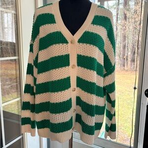 Sonoma Cream and Green Striped V-Neck Button Cardigan